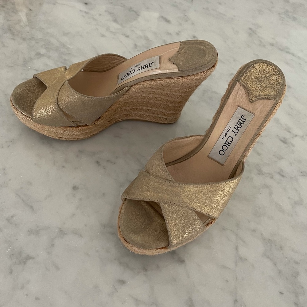 Jimmy Choo Phyllis Gold Glitter Espadrille Wedges